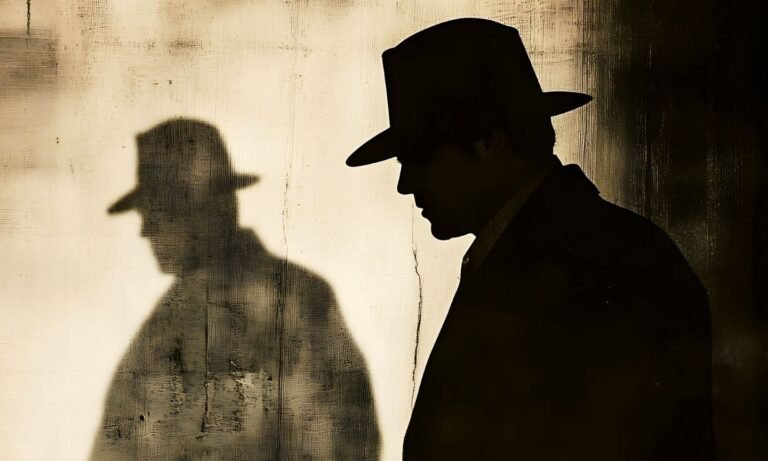 Silhouette d’un enquêteur avec chapeau et imperméable projetant une ombre sur un mur, représentant une enquête interne sur un cas de harcèlement au travail