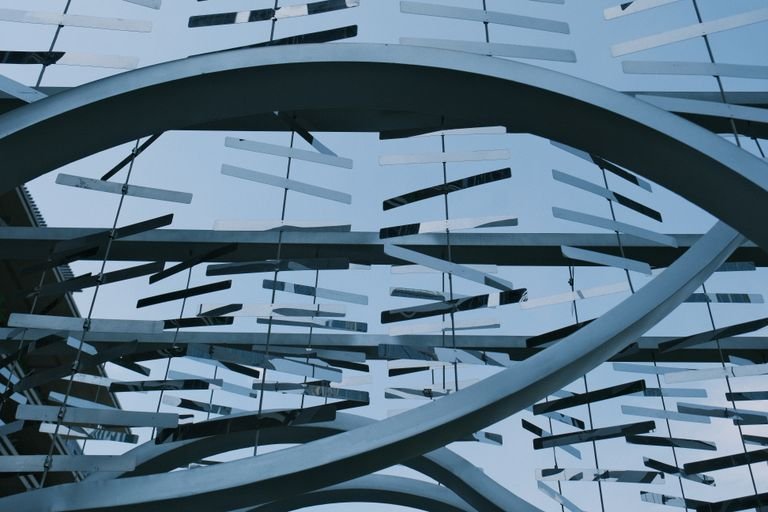 Abstract architectural view featuring geometric shapes and circular forms.